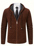 Men'S Premium Knit Cardigan Sweater, Chenille Fabric High Quality Hooded Thick Warm Sweater - Coffee Color