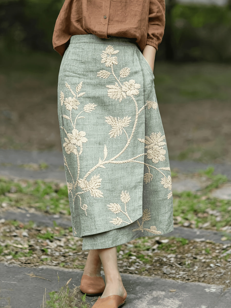 Women's Printed Straight-cut Skirt with Elastic Waist and Pockets - Light Green
