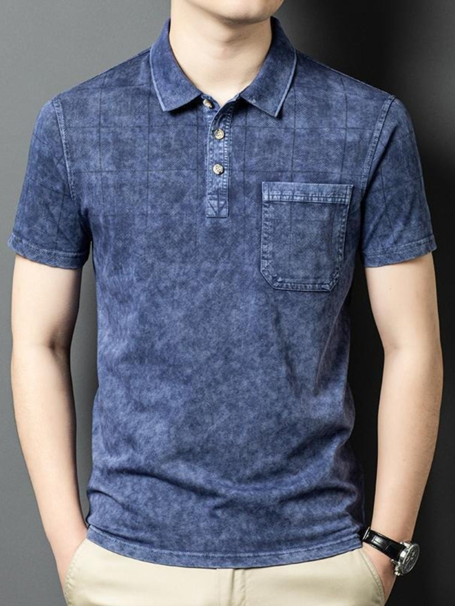 Washed Distressed Denim Texture Polo Shirt, Breathable Sweat-Absorbent Men'S Business Casual Summer Top, Sweat-Resistant - Navy Color