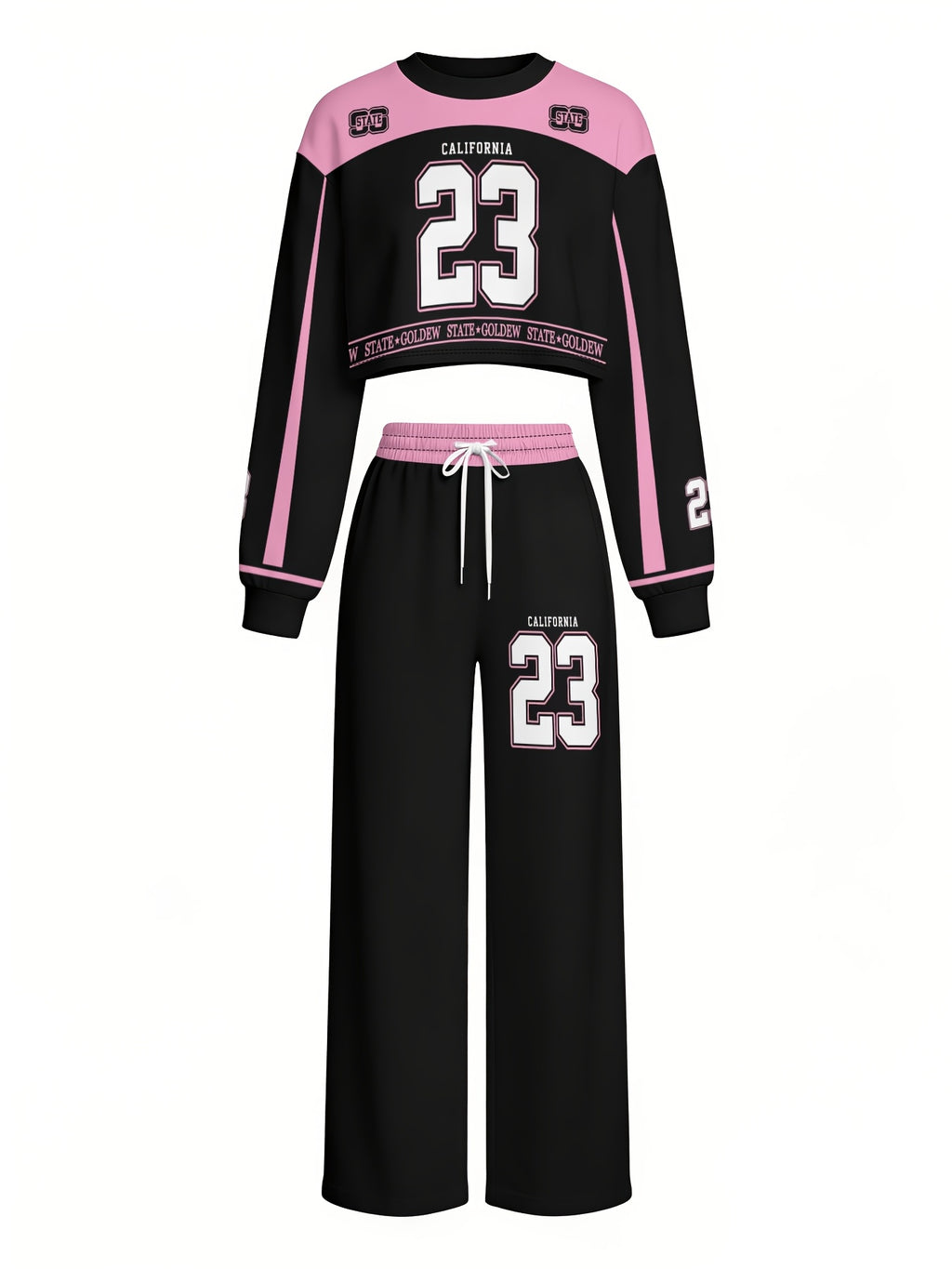 2pcs Women Y2K Sport Set, Pink Black Colorblock Crop Top + Wide Leg Sweatpants California 23 Letter Print Casual Tracksuit - Mixed colors