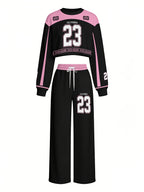 2pcs Women Y2K Sport Set, Pink Black Colorblock Crop Top + Wide Leg Sweatpants California 23 Letter Print Casual Tracksuit - Mixed colors