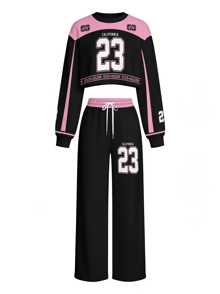 2pcs Women Y2K Sport Set, Pink Black Colorblock Crop Top + Wide Leg Sweatpants California 23 Letter Print Casual Tracksuit - Mixed colors