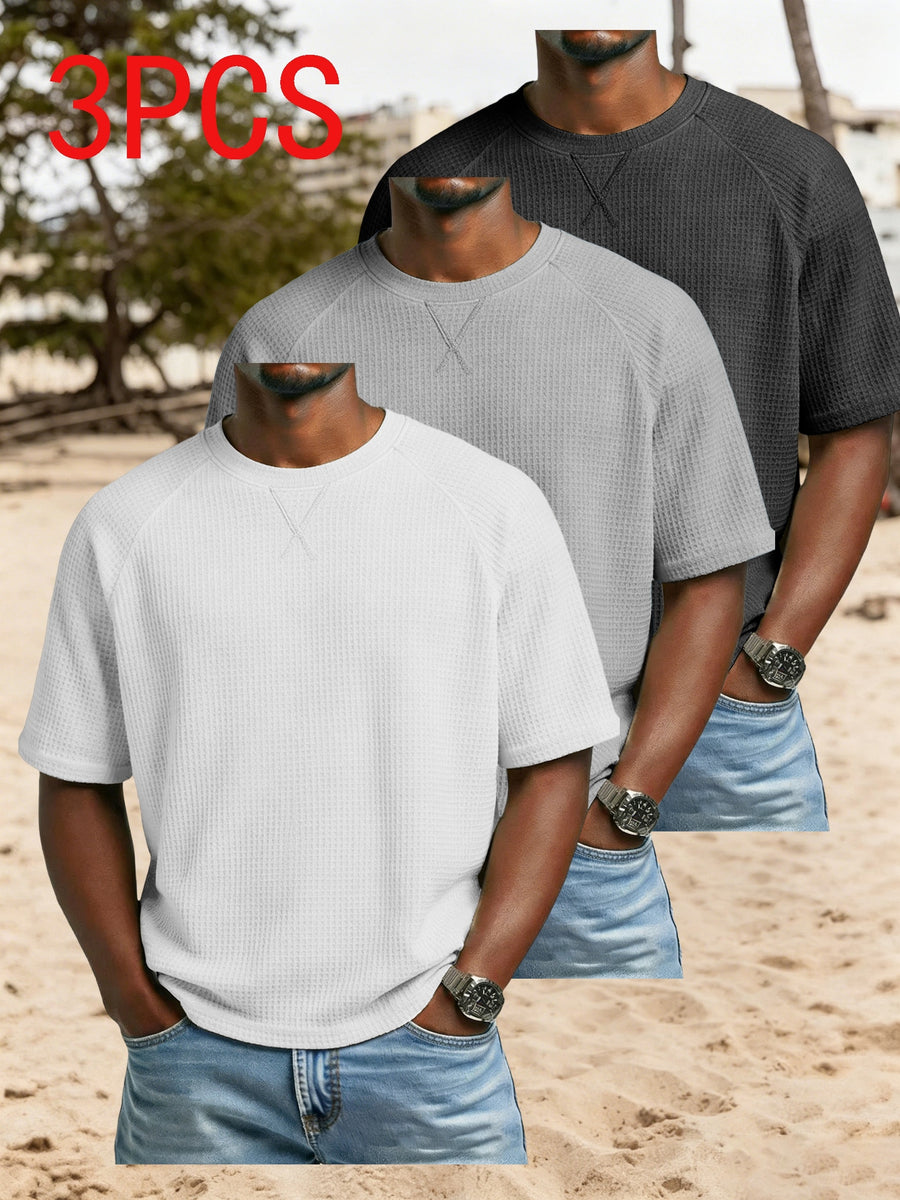 3pcs Set Men'S Waffle Knit Short-Sleeve T-Shirts, Lightweight And Breathable Crew Neck Tops. Suitable for Daily Casual Wear, Summer Vacations And Outdoor Activities. Loose Cut, Soft And Comfortable Fabric, Versatile Daily Fashion Style - White+gray+black