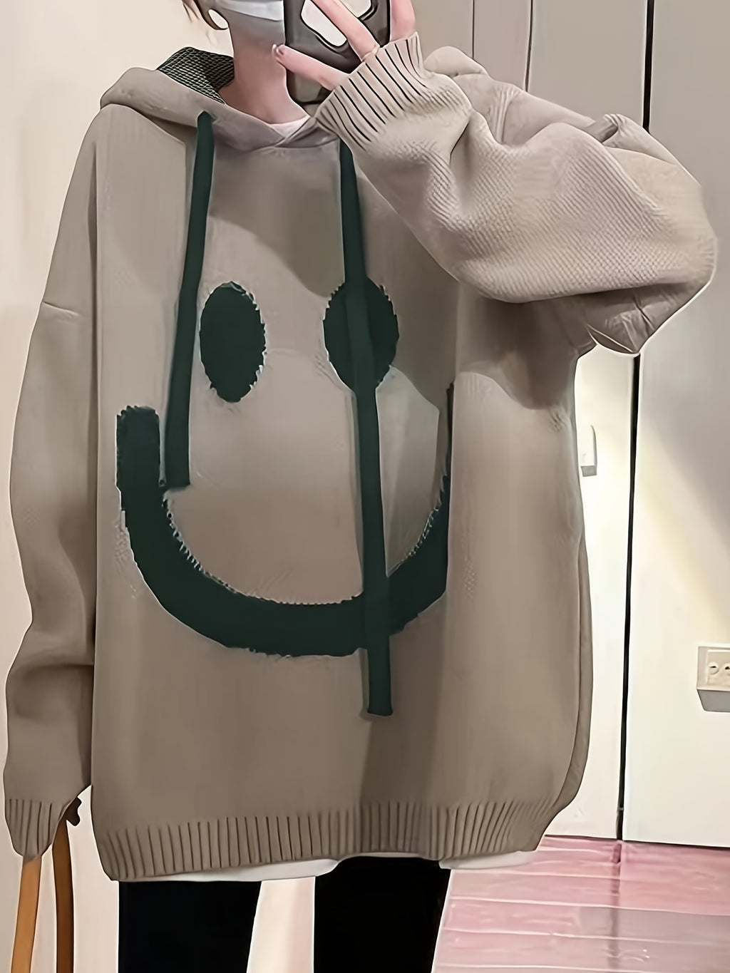 Plus Size, Autumn/Winter European and American Style Elegant Fashion Mature Plus Size Women's Casual Pullover with Joyful Face Pattern Long Sleeve Drawstring Hoodie - Khaki