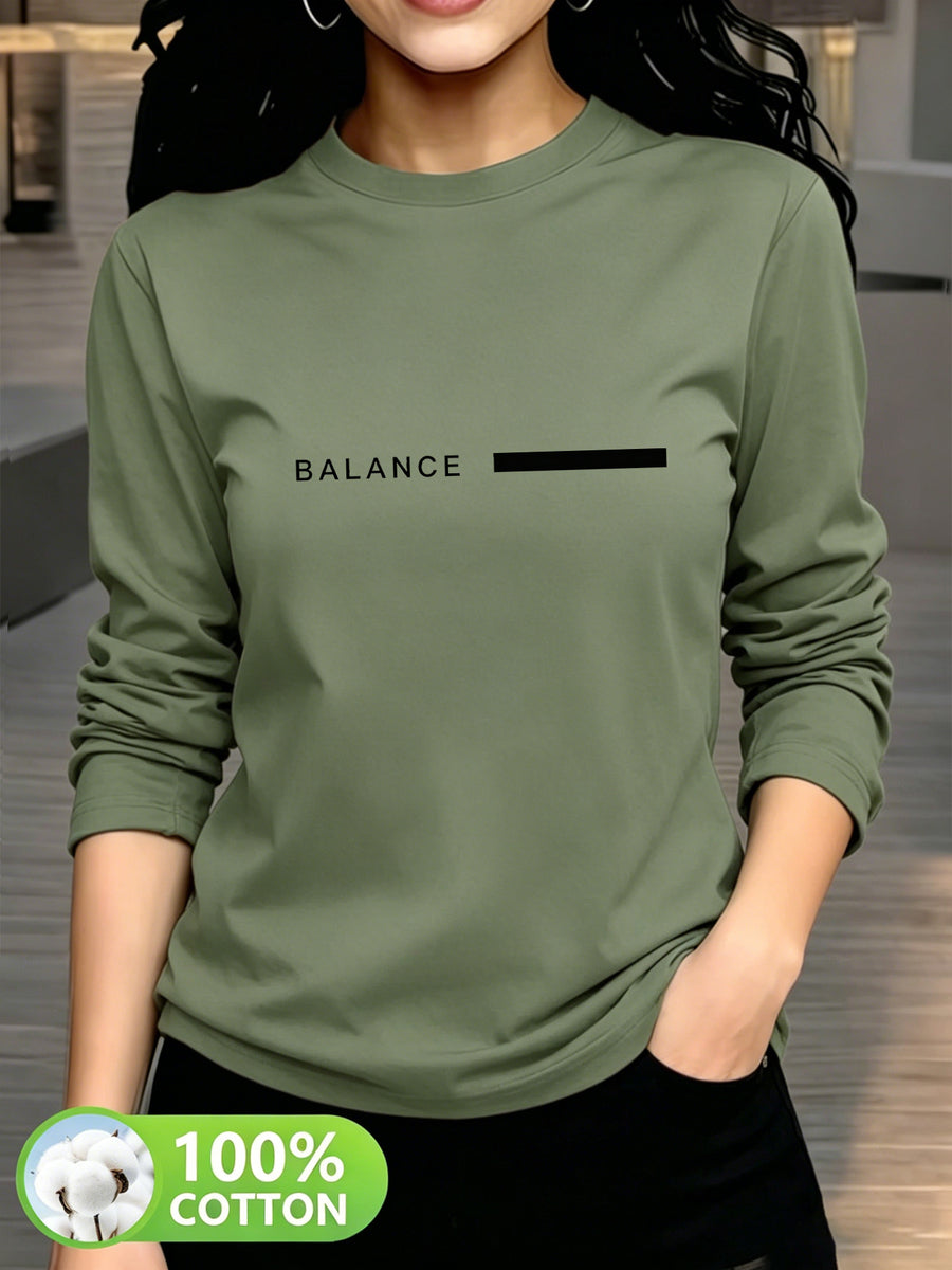 Women'S Fashion Casual Round Neck Long Sleeve T-Shirt, 100% with Lettered Stripe Pattern, Stylish Easy Comfortable Loose Fit - Green