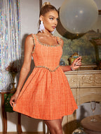 Women's Bright Orange Tartan Check Tweed Square Neck Dress, Sleeveless with Contrast Trim and Waist-cinching A-line Short Skirt, Suitable for Parties, Weddings, and Banquets as a Cocktail Dress - Orange