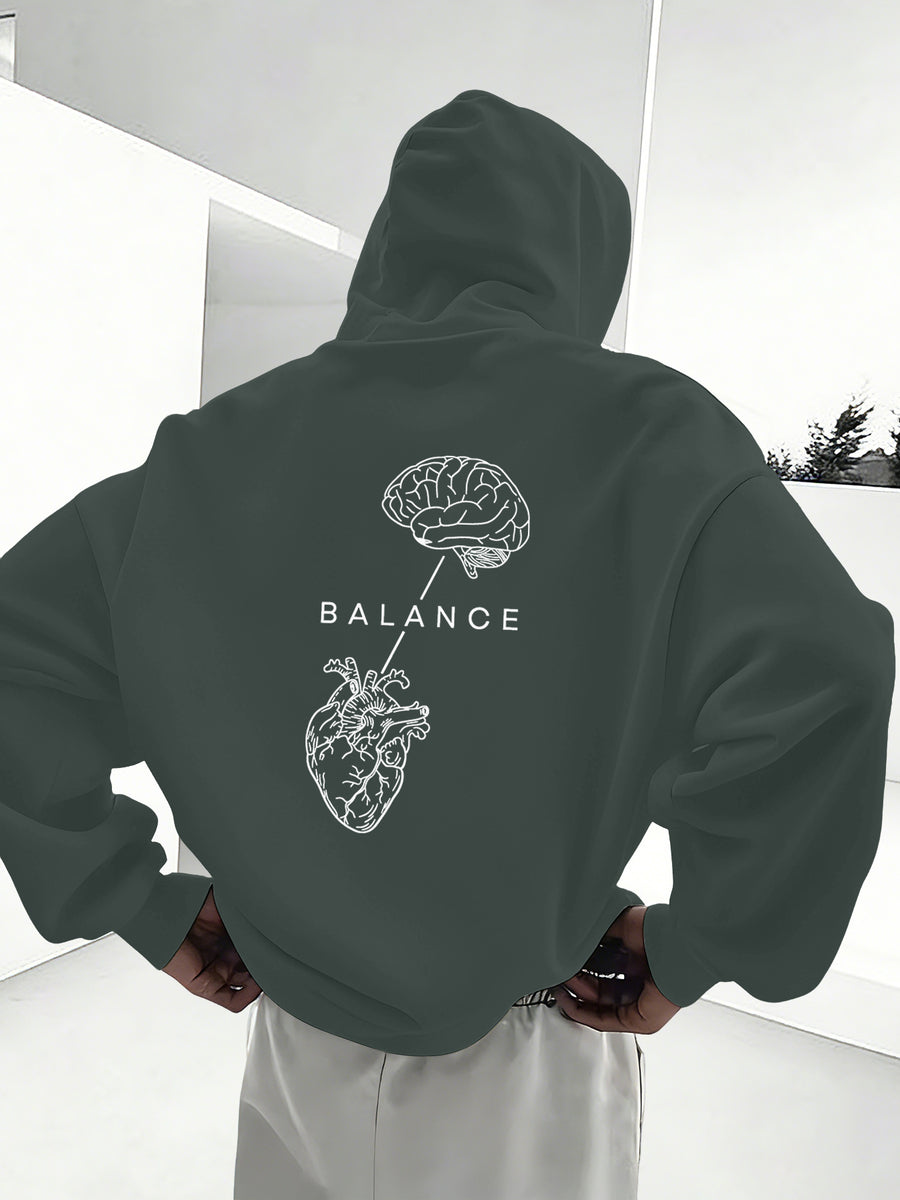 Minimalist Trendy Unisex Hoodie with Brain And Heart Balance Print - Gray Green