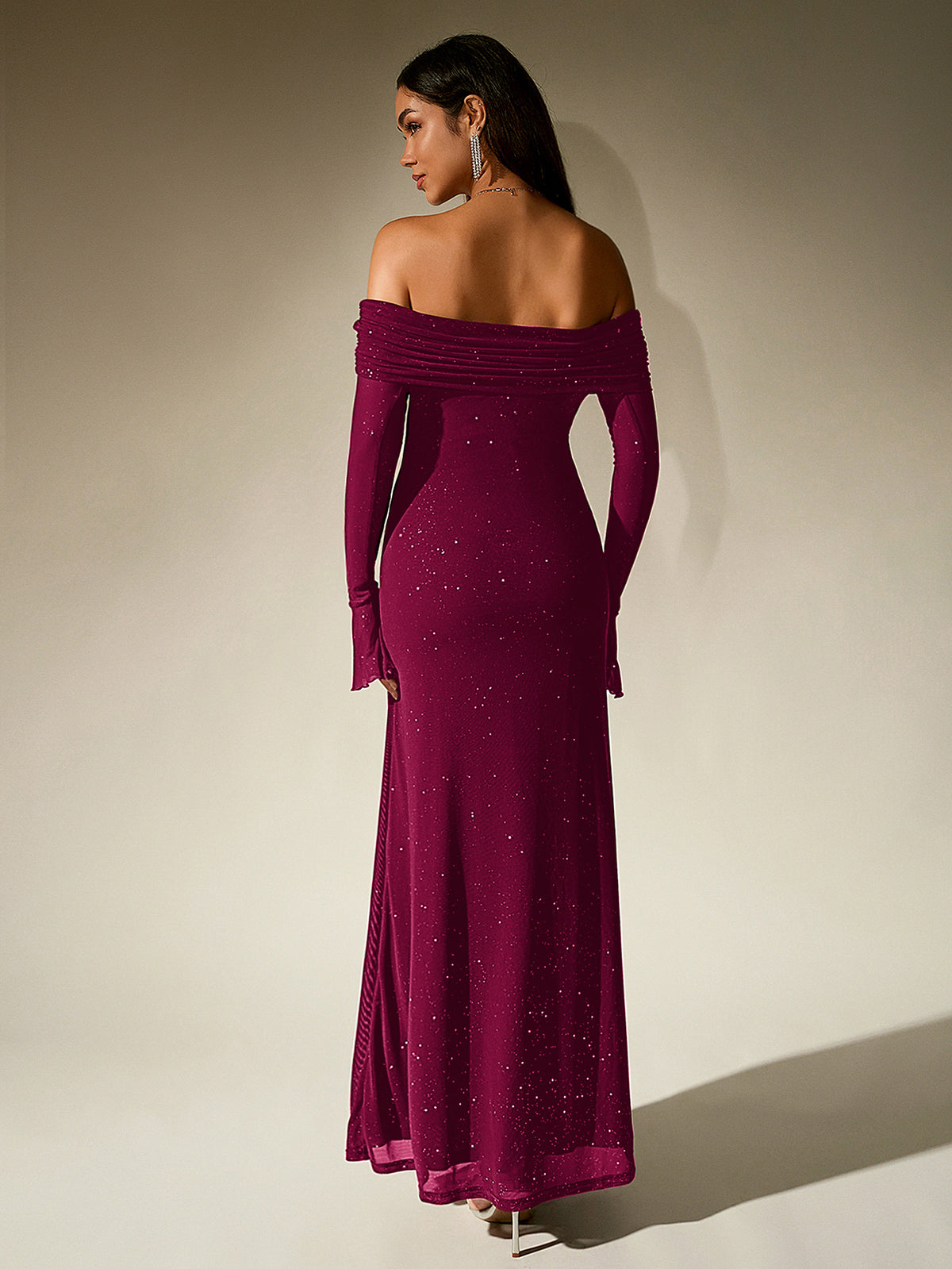 PARTHEA NewAsia Women's Bell Sleeve Off Shoulder Sequin Long Dress Backless Double Layer Club Party Sparkling Mesh Maxi Dresses Brown - Burgundy