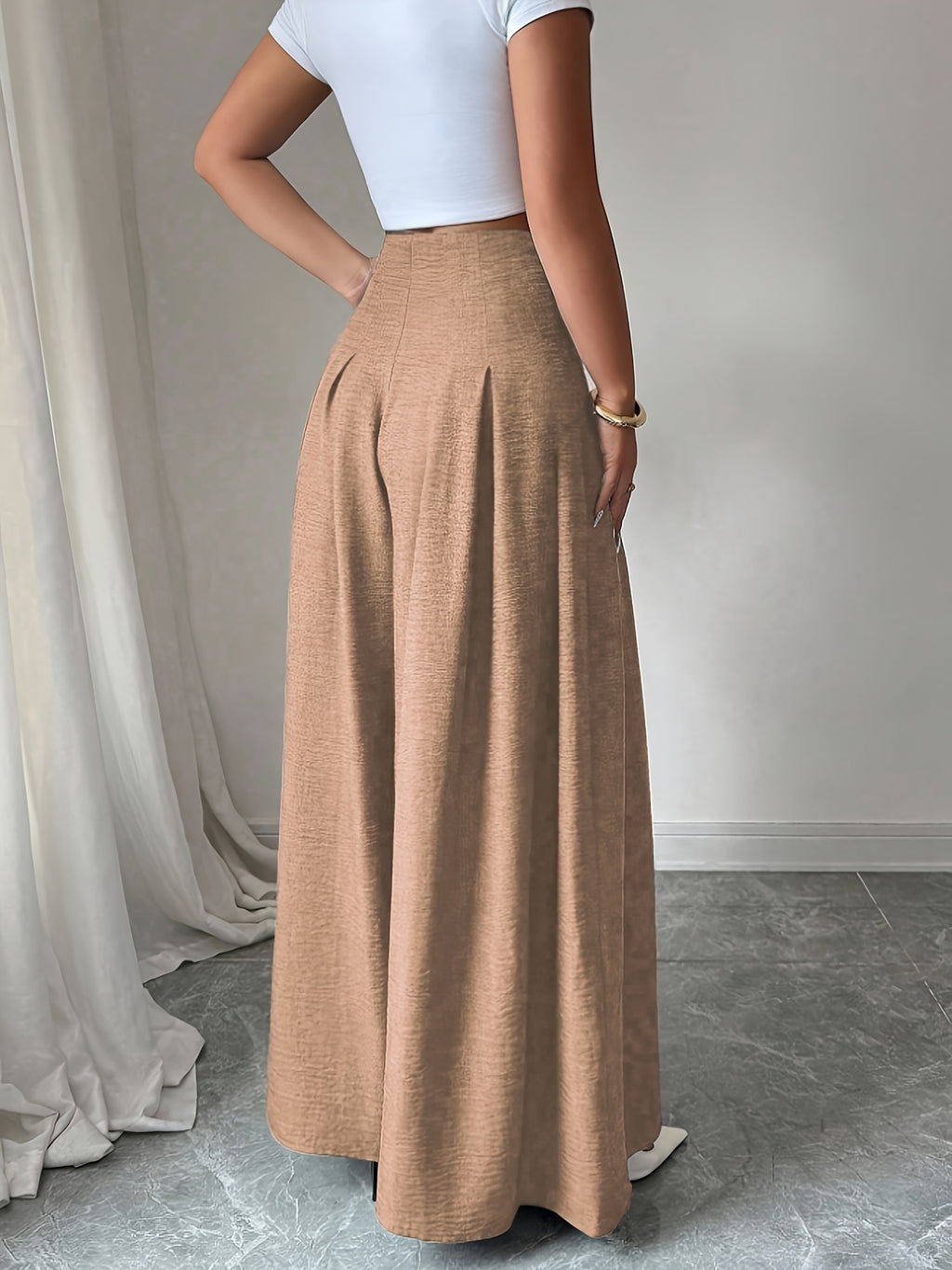 Women's Button-front Loose-fit Casual Wide-leg Pants, Simple and Stylish Solid-color Trousers for Daily Outings, Pairable with Various T-shirts, Jackets, and Trench Coats. Regular Thickness, Suitable for Spring, Summer, and Autumn - Khaki