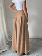 Women's Button-front Loose-fit Casual Wide-leg Pants, Simple and Stylish Solid-color Trousers for Daily Outings, Pairable with Various T-shirts, Jackets, and Trench Coats. Regular Thickness, Suitable for Spring, Summer, and Autumn - Khaki