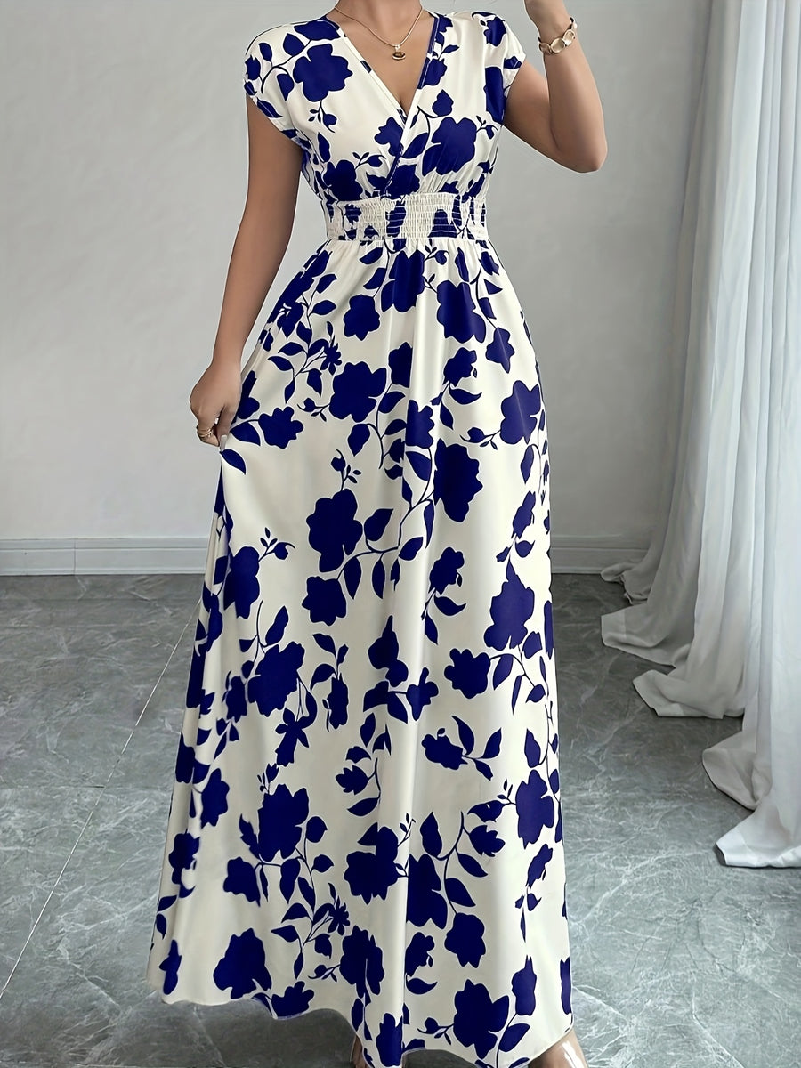 Elegant Pink Floral Maxi Dress with V-Neck and Short Sleeves - Flowing A-Line Silhouette, Cinched Waist, Perfect for Spring/Fall, Casual to Formal Wear, Casual Elegant Wear | Floral Print Dress | Cinched Waist Design - Blue