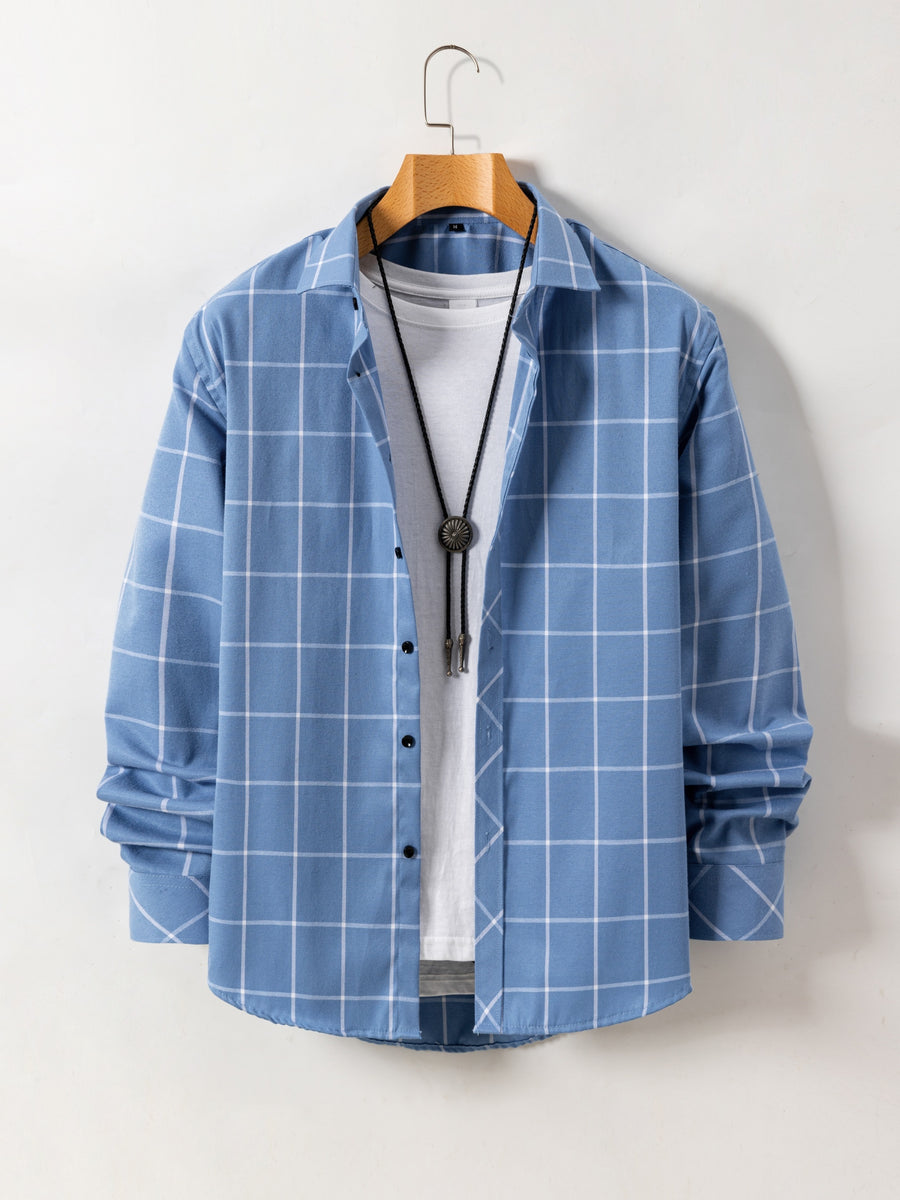 New Trendy Men'S Brushed Checkered Shirt Fall Winter Casual Jacket Outerwear - Sky Blue
