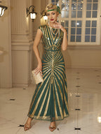 1920 Vintage Sequin Gatsby Ball Fringe Short Sleeve Dress, Party Banquet Dance Dress with Beaded Sequins, Toast Gown, In Stock - Golden Green