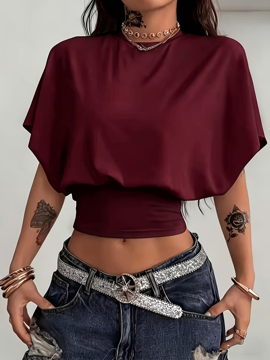 BK260403040 Women's Fashion Spring/Summer New Arrival, Stylish and Elegant, Solid Color No Print, Casual Versatile Waist-Cinching T-Shirt, Essential Basic Style—Suitable for Daily Spring/Summer Wear,, Beach, Vacation, and Home - Burgundy