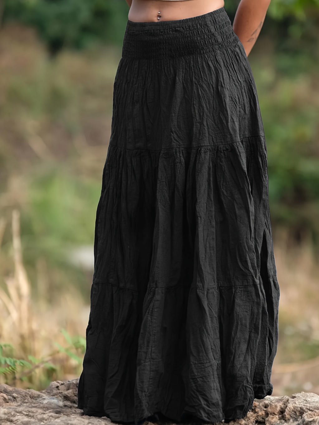 Women's Casual Western-Style Long Pleated Skirt with Drawstring Waist, Multi-Layer Texture for Vacation, Leisure, and Daily Wear - Black