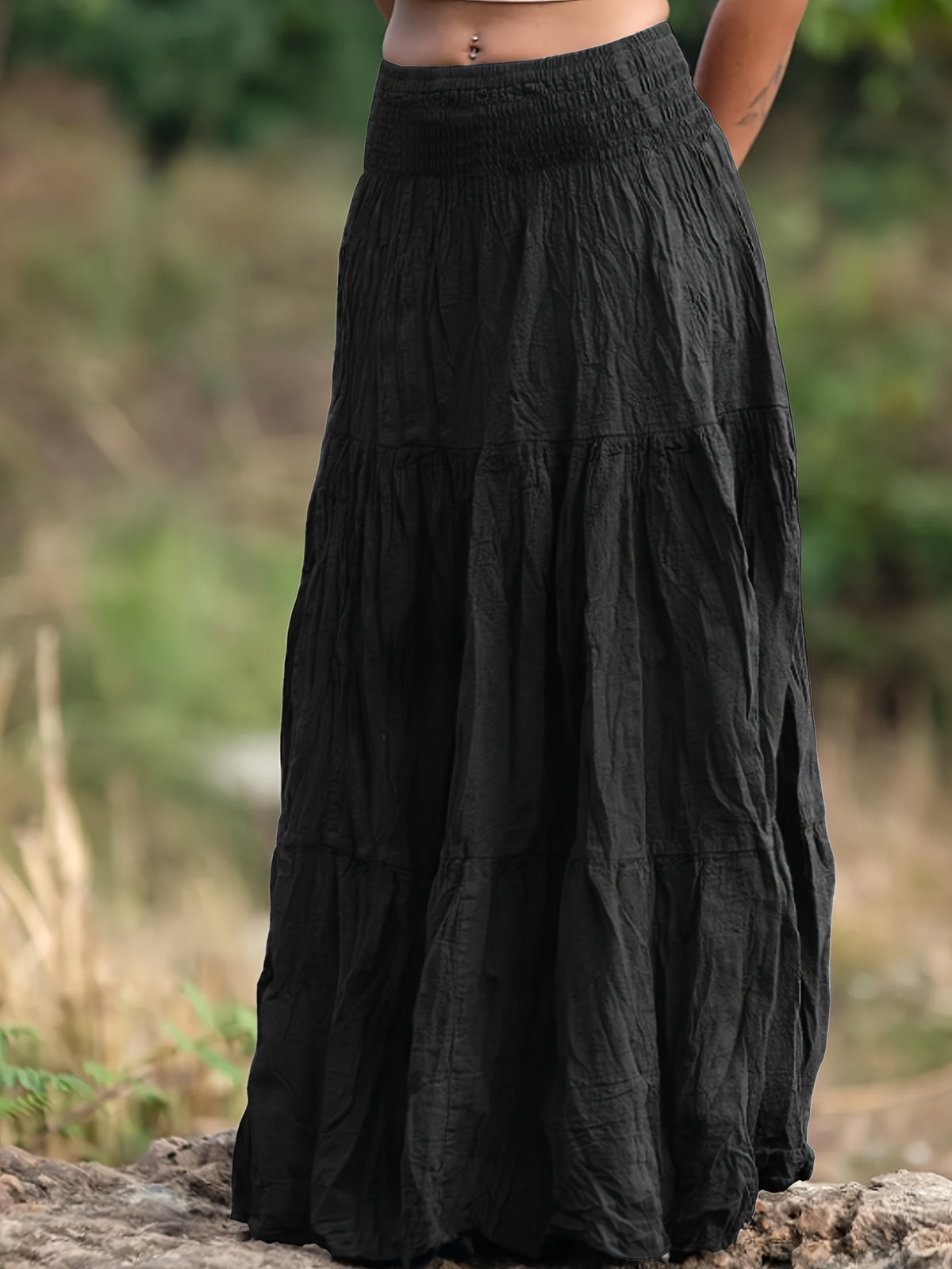 Women's Casual Western-Style Long Pleated Skirt with Drawstring Waist, Multi-Layer Texture for Vacation, Leisure, and Daily Wear - Black