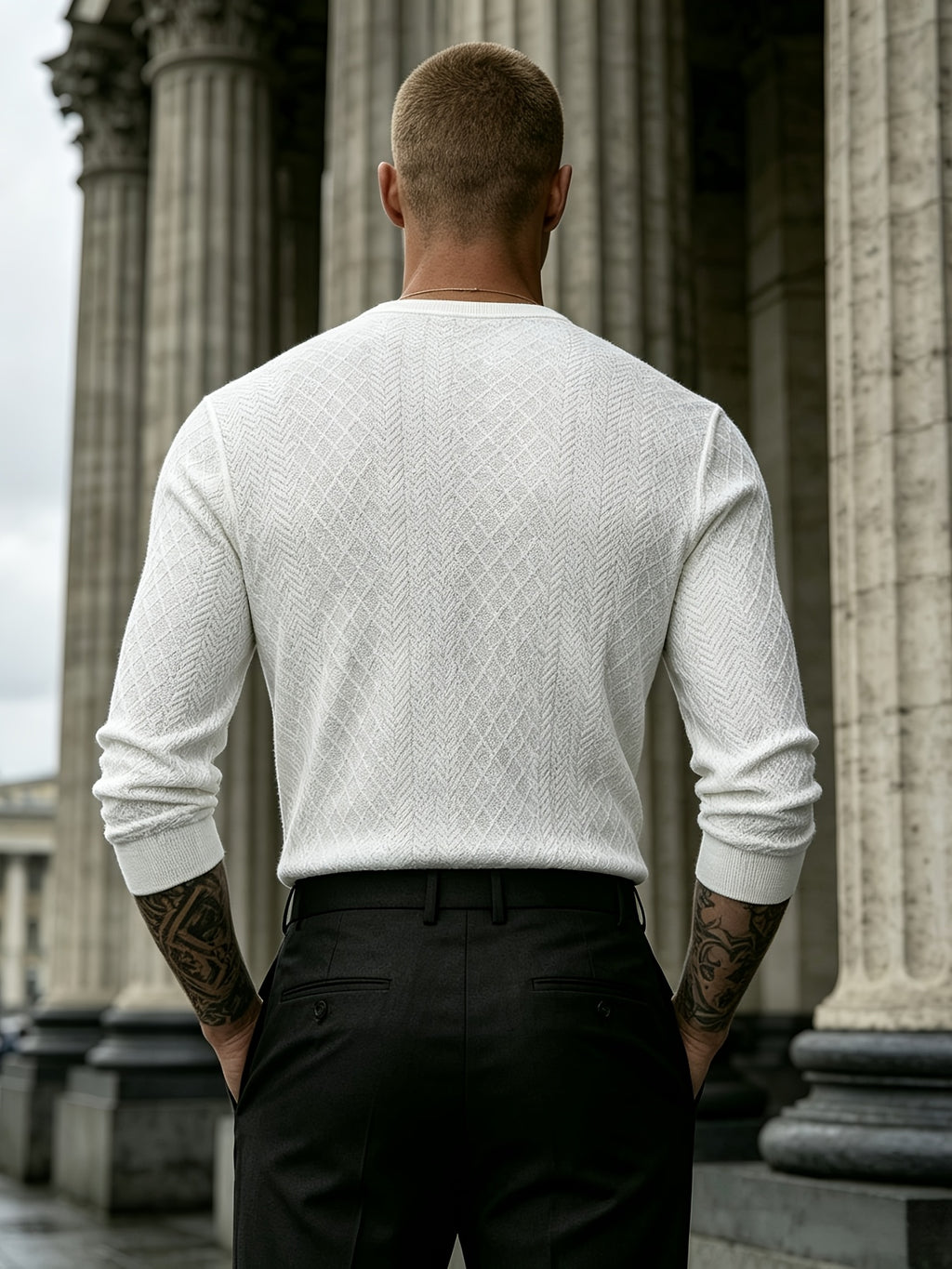 Joshmei OBM Black Friday Men's Dark Gray Geometric Knit Henley Neck Top, Diamond Weave Jacquard Pattern, Refined Casual Style, Autumn/Winter Slim Fit Long Sleeve Pullover, Suitable for Daily Commuting, Streetwear, and Weekend Gatherings - White