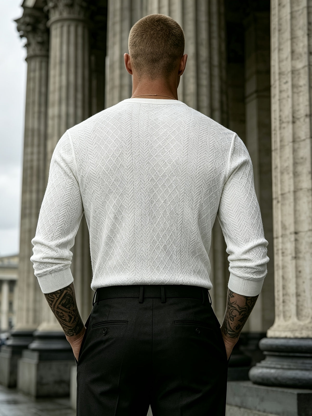Joshmei OBM Black Friday Men's Dark Gray Geometric Knit Henley Neck Top, Diamond Weave Jacquard Pattern, Refined Casual Style, Autumn/Winter Slim Fit Long Sleeve Pullover, Suitable for Daily Commuting, Streetwear, and Weekend Gatherings - White