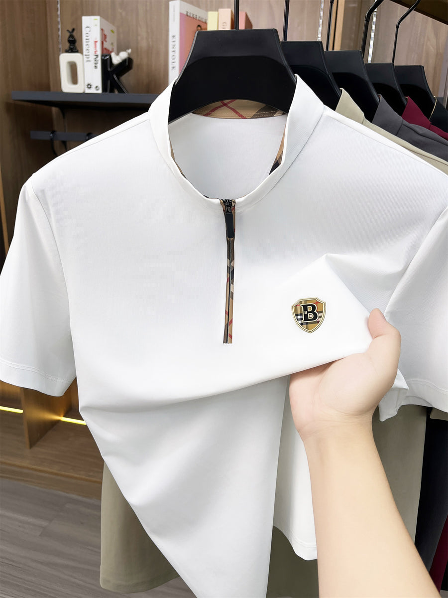 [Pearson OBM] Men'S T-Shirt New Short Sleeve Polo Shirt Mandarin Collar Easy Business Casual Premium Top Mido - White