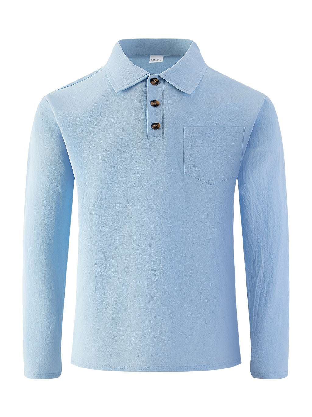 Men'S Linen Long Sleeve Polo Shirt with Chest Pocket - Light Blue