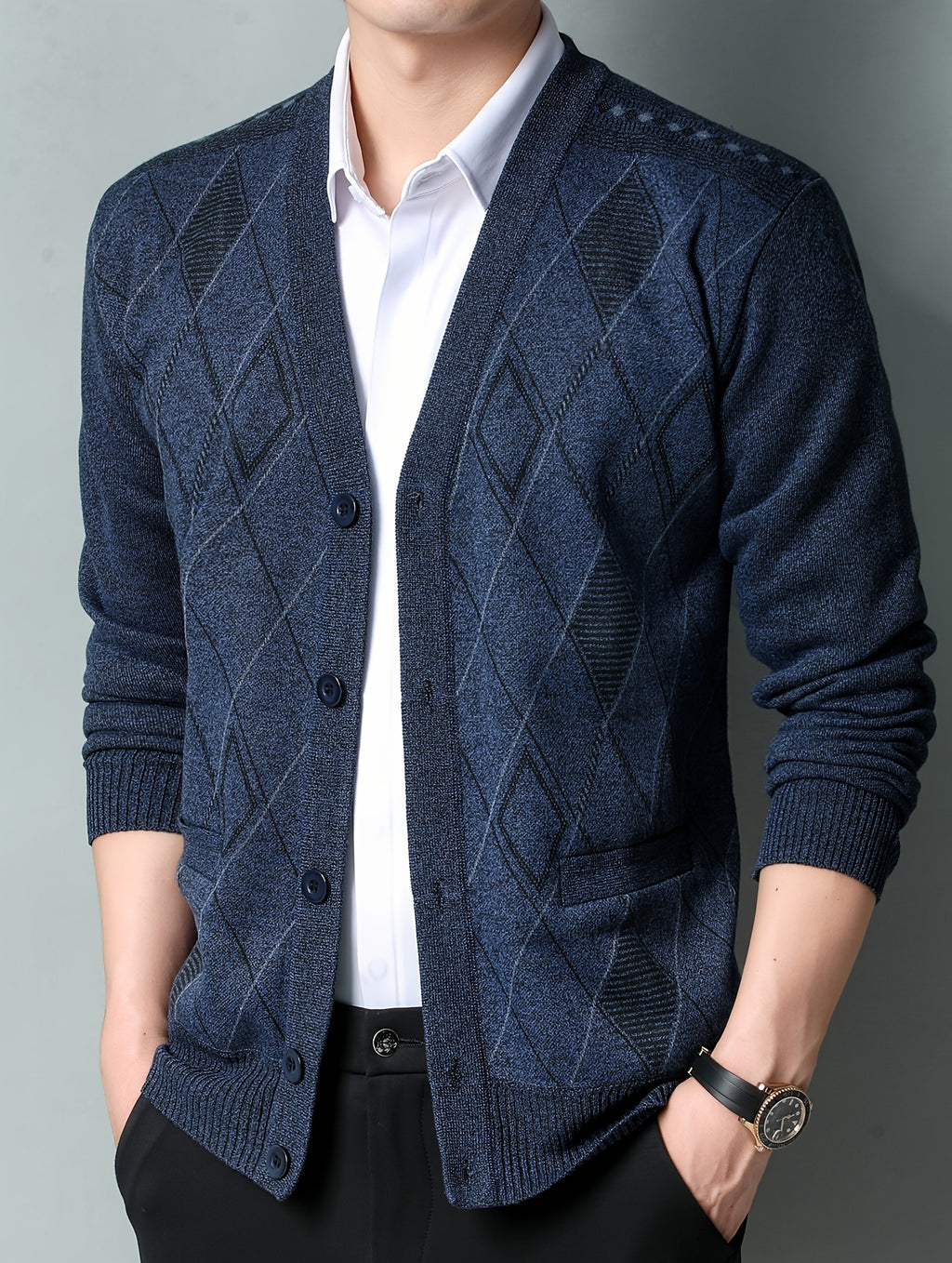 Men'S Winter Sweater, Winter Coat, Fleece-Lined And Thickened V-Neck, Fully Buttoned Cardigan, Easy Outfit, Men'S Gift, Suitable for Outdoor Travel, Mountaineering, Daily Outings, Commuting And Office Wear, Etc, Autumn Essentials - Navy Color