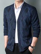 Men'S Winter Sweater, Winter Coat, Fleece-Lined And Thickened V-Neck, Fully Buttoned Cardigan, Easy Outfit, Men'S Gift, Suitable for Outdoor Travel, Mountaineering, Daily Outings, Commuting And Office Wear, Etc, Autumn Essentials - Navy Color