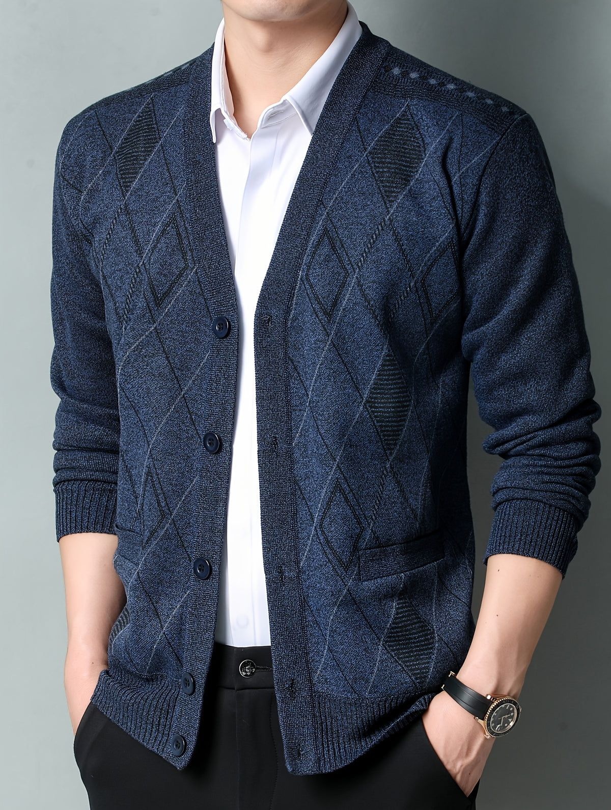 Men'S Winter Sweater, Winter Coat, Fleece-Lined And Thickened V-Neck, Fully Buttoned Cardigan, Easy Outfit, Men'S Gift, Suitable for Outdoor Travel, Mountaineering, Daily Outings, Commuting And Office Wear, Etc, Autumn Essentials - Navy Color