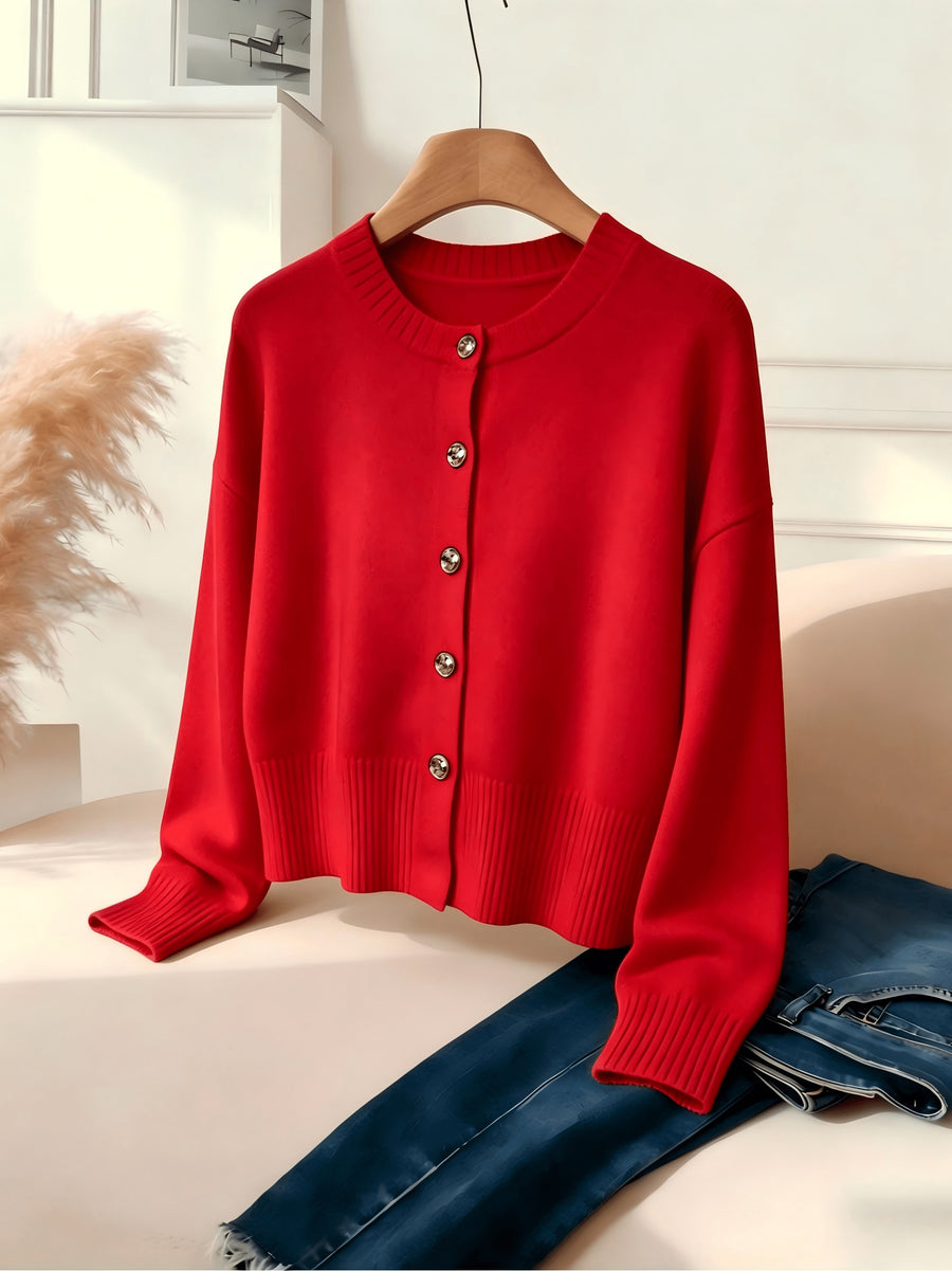 Cozy Women's Cardigan with Floral Button Accents, Soft Stylish Cardigan for Casual Daily Wear - Red