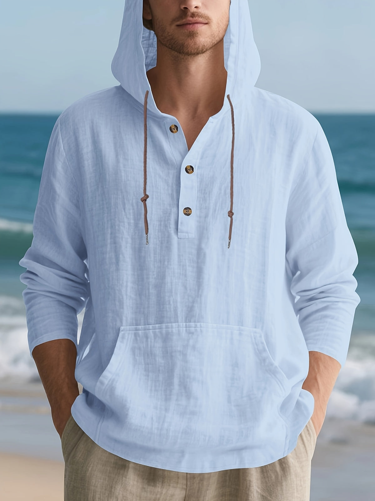 Men'S Casual Linen Hoodie Shirt, Long Sleeve Henley Top with Button Placket, Hooded Design And Comfortable Loose Fit, Made from Lightweight Breathable Linen Material, Perfect for Beach Trips, Tropical Holidays, Cruise Travel, And Summer Daily Wear - Light Blue