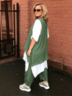 Plus Size, Plus Size Ethnic 2pcs Outfit, Color Block Spliced Mid-length Top + Pleated Cuff Harem Pants, Breathable Imitation Casual Set - Green