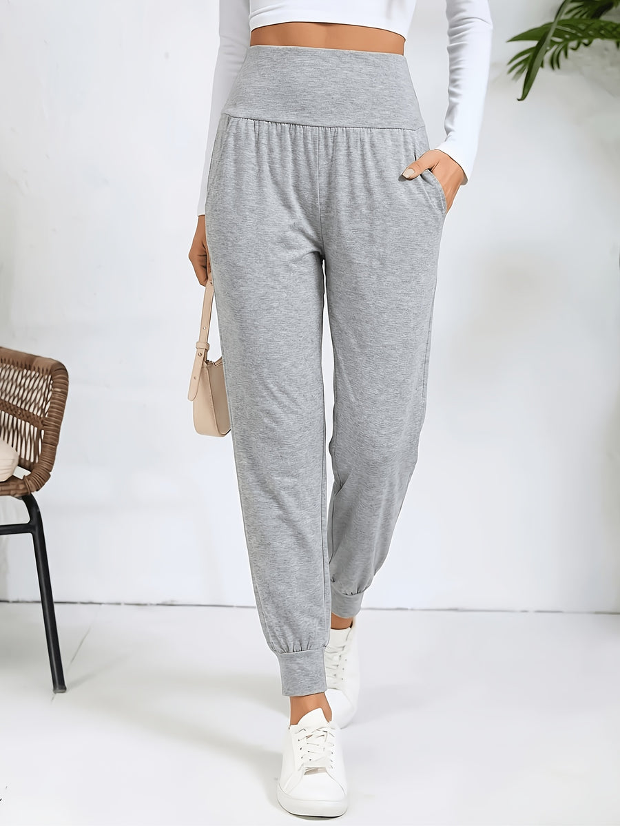 An Elegant Women's Casual High-waisted Pants with Slant Pockets. Women's Pants and Cuffed Long Pants for Spring, Summer, and Autumn - Light Grey