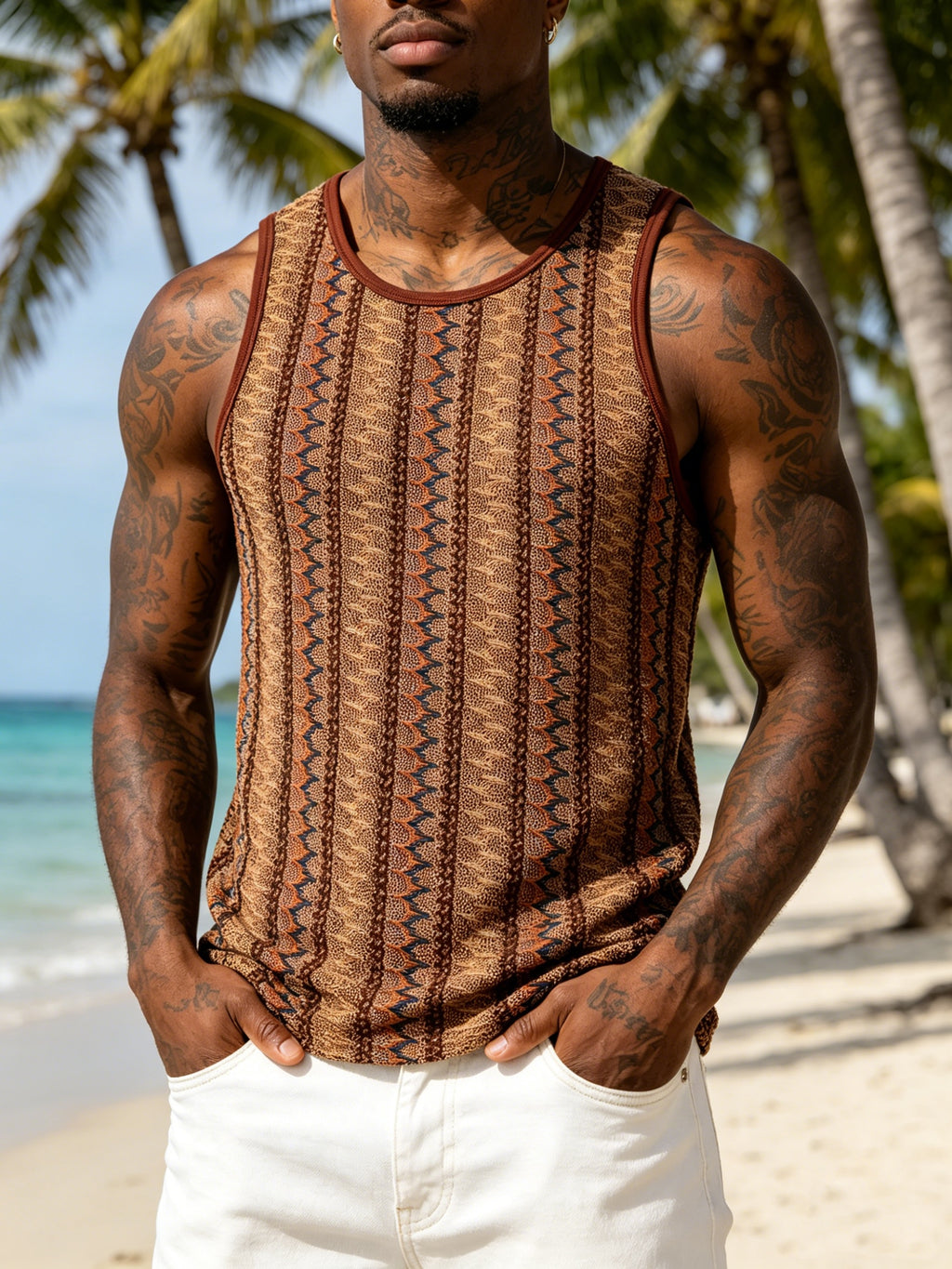 3 Counts Men'S Retro Striped Hollow Out Breathable Knit Tank Tops, Sleeveless Crew Neck Casual Vest Shirts for Summer Beach Workout Street Loungewear - apricot + blue + brown