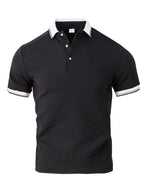 Men's Fashion New Color-Block Polo Shirt with Collar, Jacquard Design, Soft Fabric, Versatile for Outdoor Streetwear and Beach Vacation Outfits - Black