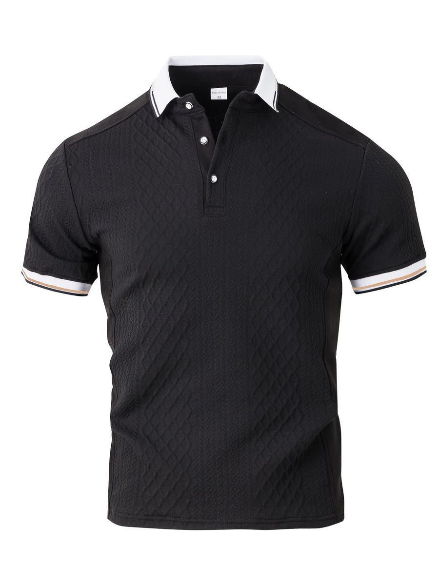 Men's Fashion New Color-Block Polo Shirt with Collar, Jacquard Design, Soft Fabric, Versatile for Outdoor Streetwear and Beach Vacation Outfits - Black