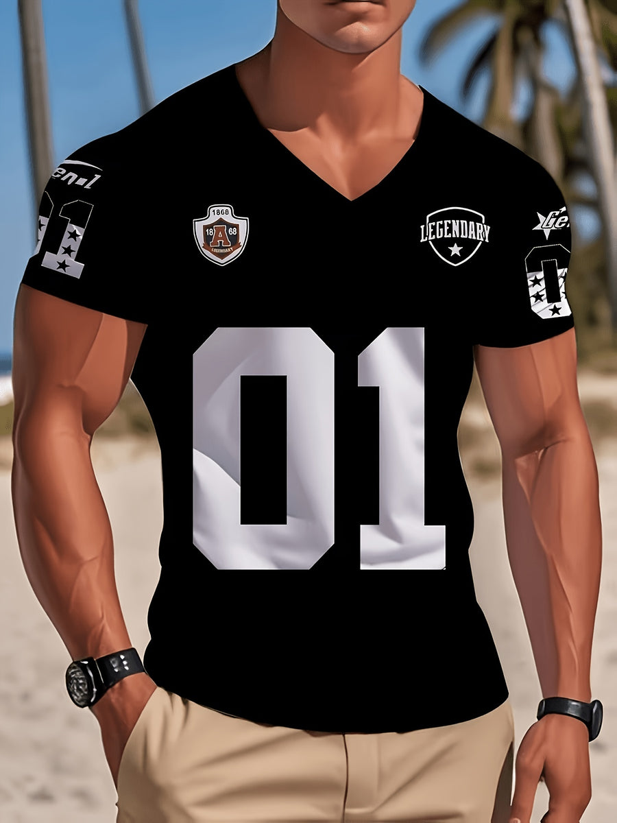 Men's V-Neck Short-Sleeve T-Shirt with Numbered 01 Print - Soft Fabric Suitable for All Occasions, Casual & Outdoor Wear, Machine Washable Regular Fit Tee, Minimalist Design for Sports and Everyday Use - Non- for - Mixed Color 2