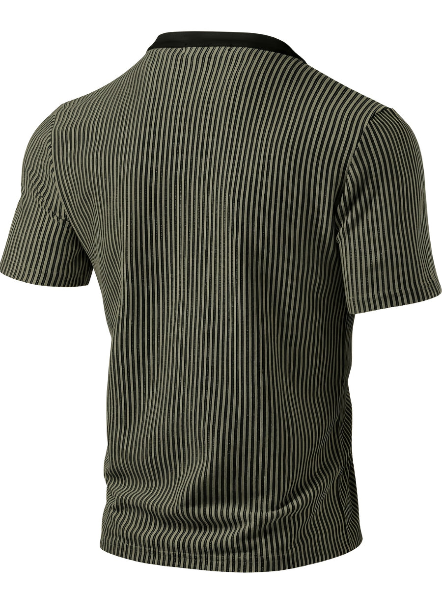 ROYALBOY Spring New Dual-Tone Roman Stripe Individual Patchwork V-Neck Short Sleeve, Casual All-Match Commute Essential - Military Green