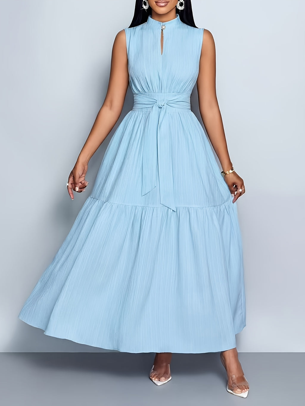 Elegant and Fashionable Women's Solid Color Stand-up Collar Sleeveless Waist-cinching Tie-knot Dress with Front Cutout, Suitable for Casual, Fashionable, and Commuting Styles. Selected from the Industry's Elegant Series, Ideal for Parties and Work - Sky Blue