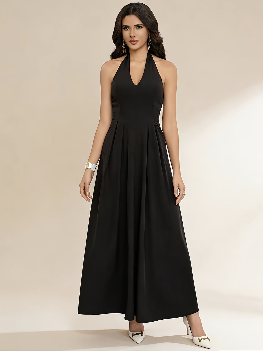 Elegant Directional Fashion Light Luxury Choker Neckline Deep V Slim-fit Flared Formal Banquet, Ball, Holiday Party Dress - Black