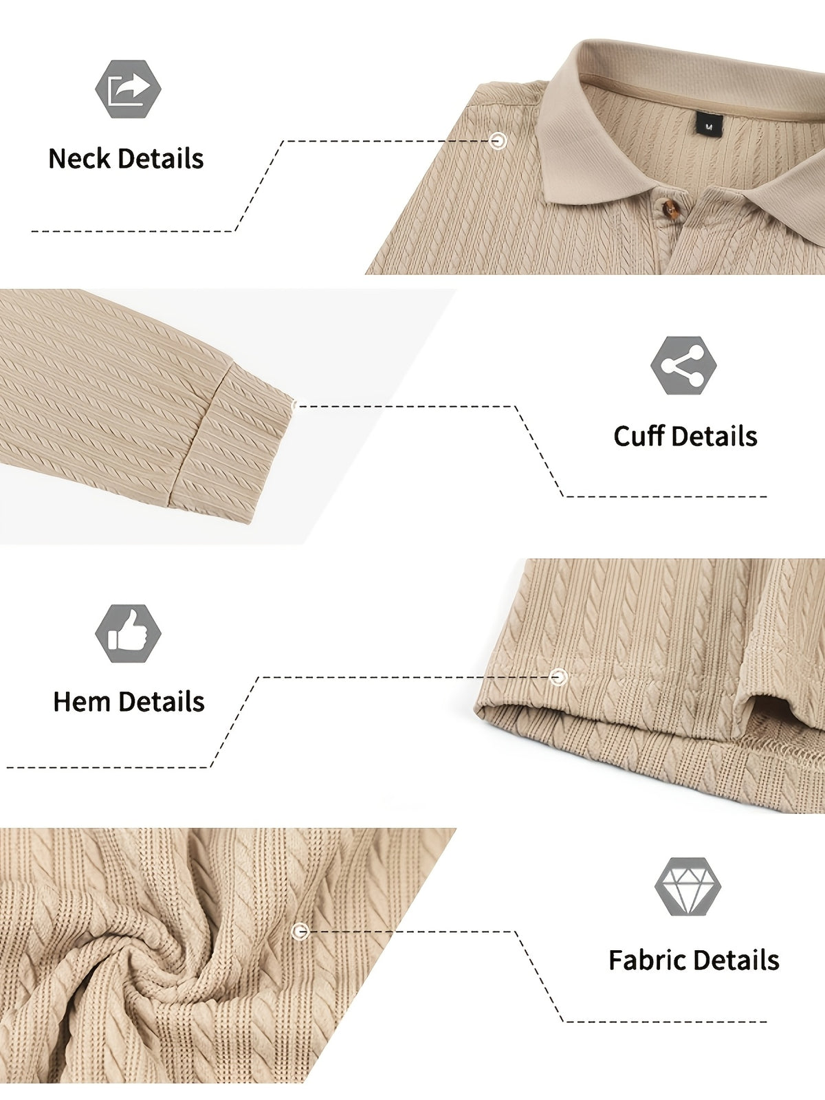 Autumn/Winter New Arrival: 1pc Men's Twisted Cable Vertical Stripe Knit Long-Sleeve Polo Shirt, Three-Dimensional Jacquard Texture, Classic Lapel, Vintage Brown Wood Grain Three-Button, Stretchy Soft Knitted Fabric, Solid Color Minimalist Top - Khaki