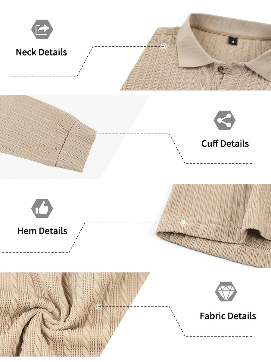 Autumn/Winter New Arrival: 1pc Men's Twisted Cable Vertical Stripe Knit Long-Sleeve Polo Shirt, Three-Dimensional Jacquard Texture, Classic Lapel, Vintage Brown Wood Grain Three-Button, Stretchy Soft Knitted Fabric, Solid Color Minimalist Top - Khaki
