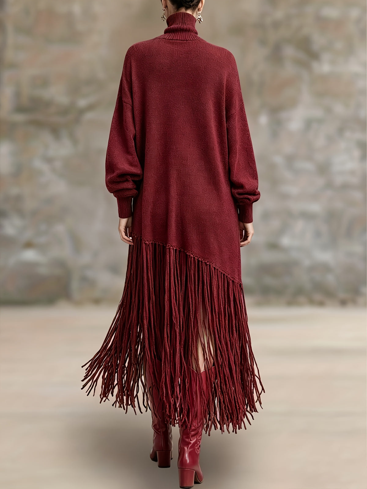 Women's Autumn New Arrival Bohemian Elegant Fringe Patchwork Hem Design St. Patrick's Day Natural Style Easter Atmosphere Vacation Knee-Length Dress - Burgundy