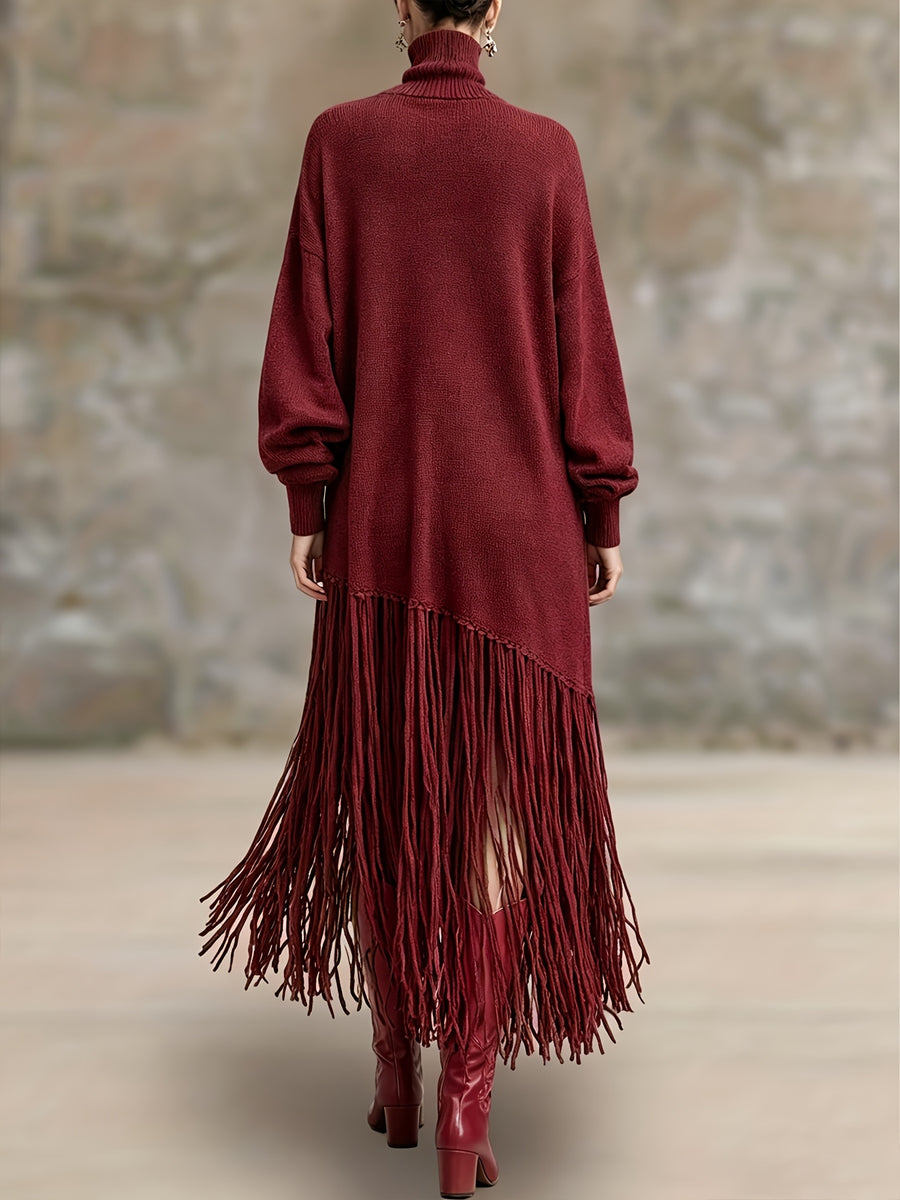 Women's Autumn New Arrival Bohemian Elegant Fringe Patchwork Hem Design St. Patrick's Day Natural Style Easter Atmosphere Vacation Knee-Length Dress - Burgundy