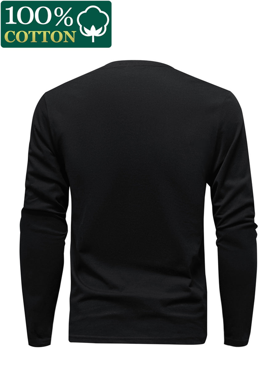 100% T-shirt, New Spring/Autumn Long-Sleeve T-shirt, Men's Sporty Casual Wear, Stylish and Versatile Top - Black