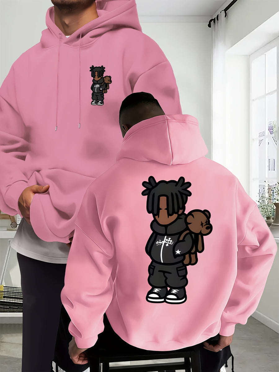 Cartoon Men's New Trendy Autumn Winter Hoodie, Casual Daily Drawstring Hooded Sweatshirt with Creative Design Print, Front Kangaroo Pocket, Unisex Top - Pink Color