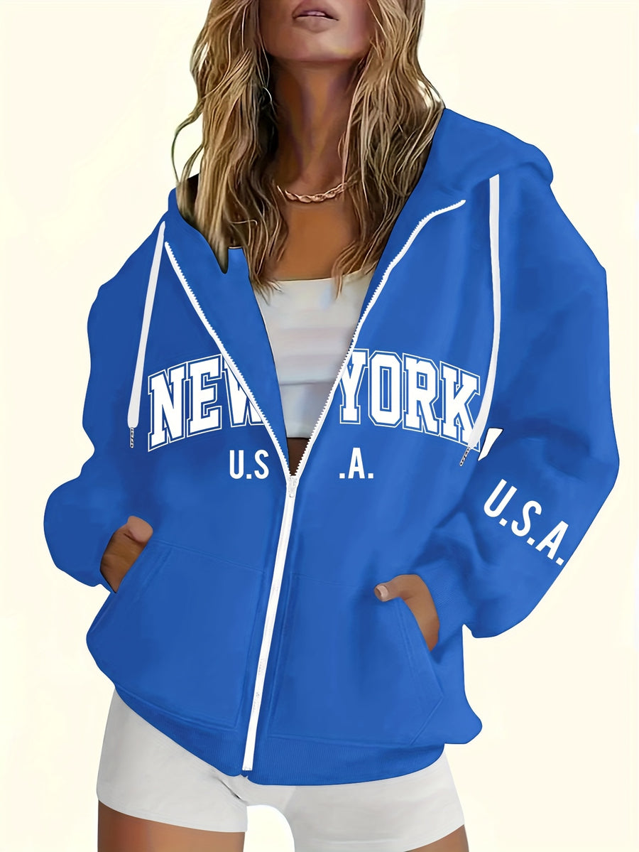 American Casual Style Women's Sweatshirt with Letter Print, Casual Zip-Up Hoodie in Loose Fit, Suitable for Autumn & Winter Wear - Multicolor-Blue