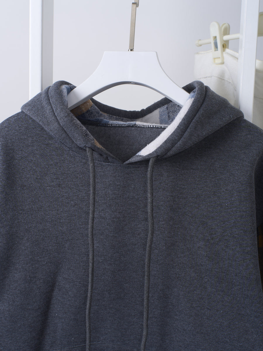 2026 Autumn/Winter High-Quality Women's Plaid Patchwork Hooded Sweatshirt, Loose-Fit Drawstring Pullover Top, Versatile Casual Long-Sleeve Pocket Hoodie, Relaxed Academic Style Outerwear - Dark Gray