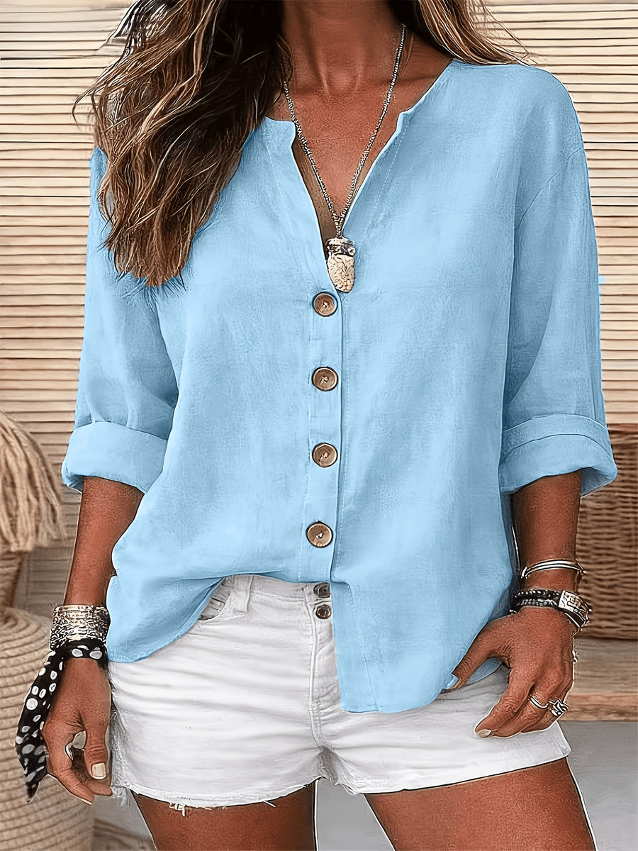 Women's Button-Up V-Neck Roll-Up Three-Quarter Sleeve Summer Casual Vacation Top JYDX - Lake Blue