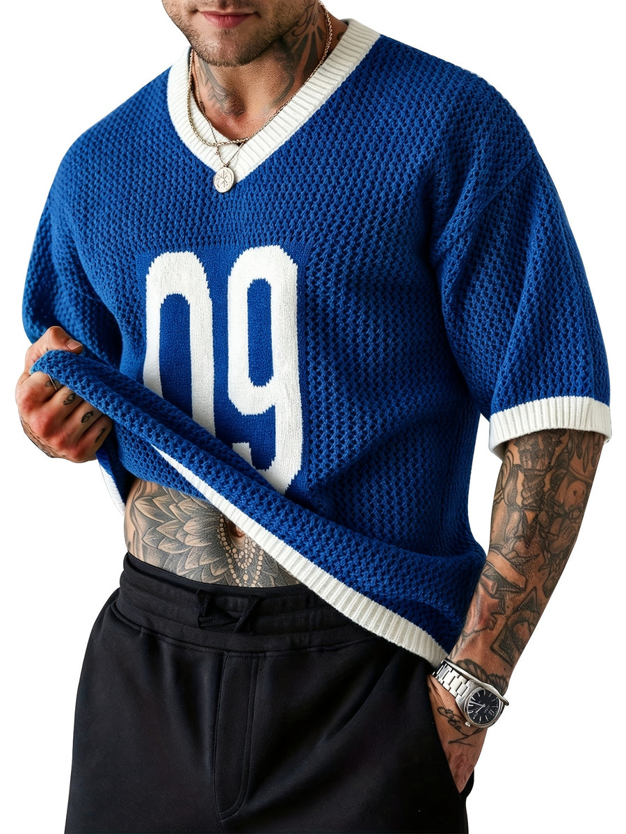 Spring Summer New Men'S Short Sleeve Hollow Loose Knit Pullover Top V-Neck Pullover Casual Outdoor Top - Royal Blue