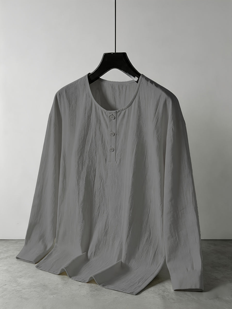 Men's Linen Henley Collar Long Sleeve Loose Fit Casual Vacation Top - Grey