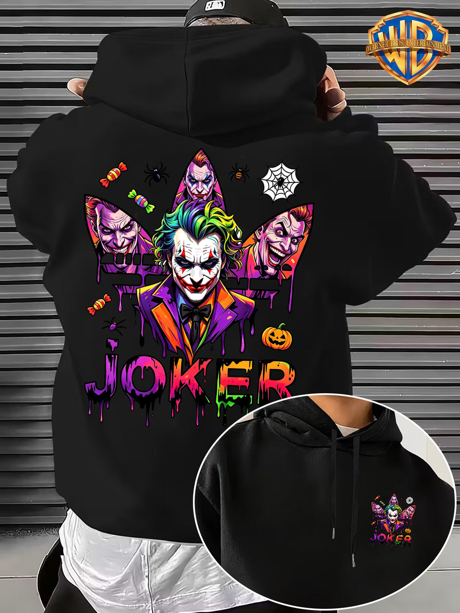 Warner Bros. Official Licensed Men'S Hoodie, Halloween Splatter Graffiti Theme Multi-Version Clown Head, Featuring Spider, Web, Candy, Pumpkin And Other Halloween Elements, Dripping Paint Effect Pattern Print, Street Style Men'S Pullover Hoodie - Black